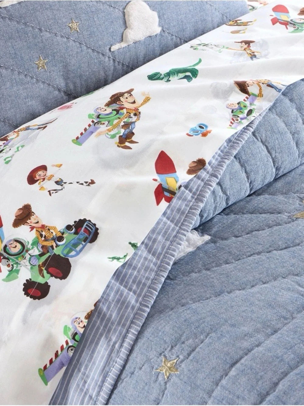 Pottery Barn Kids Blue Toy Story Embroidered Quilt AND SHEETS toddler bed